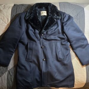 Vintage Fox Knapp Navy Blue Coat Men’s 44 Made in USA Faux Fur Collar Lined
